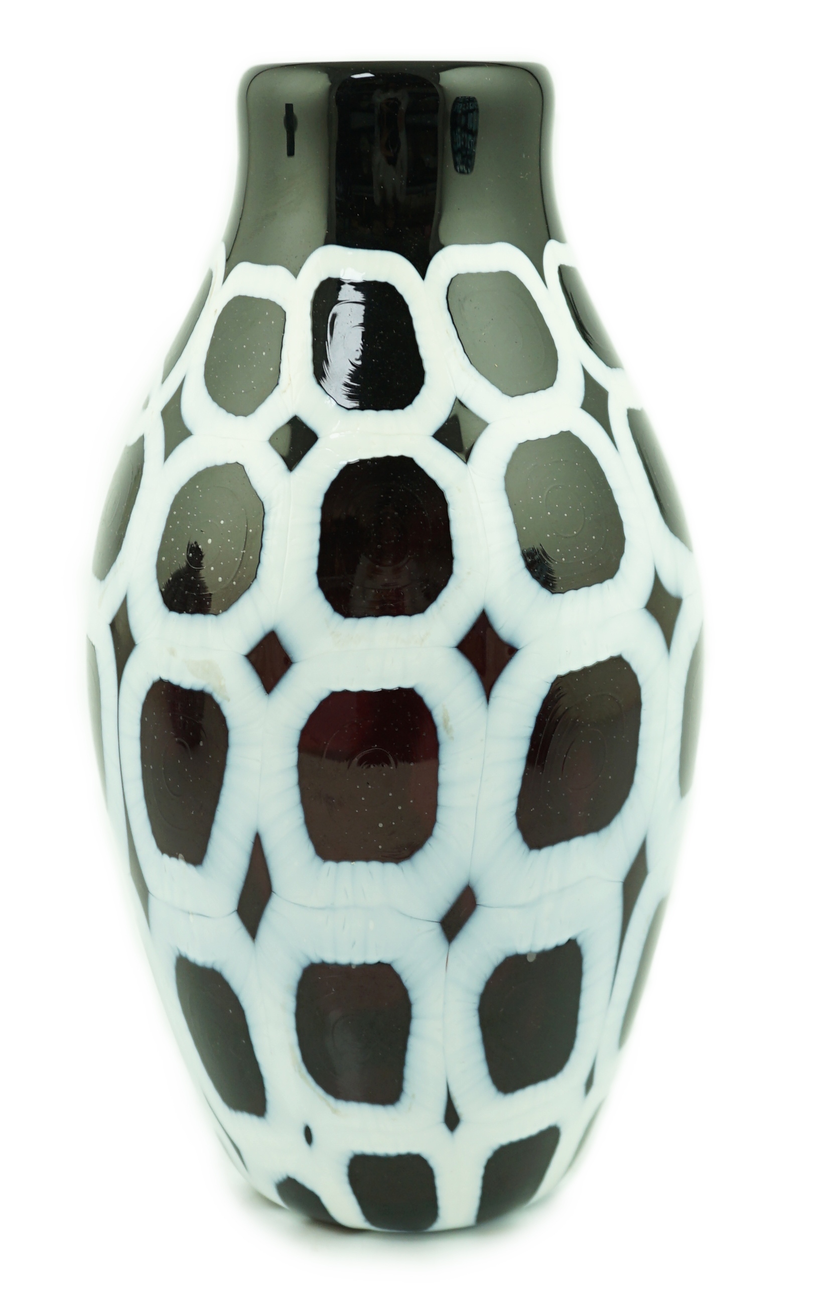 A Murano glass ovoid shaped vase, in black and white, signed Formentella, 16cms, Please note this lot attracts an additional import tax of 20% on the hammer price